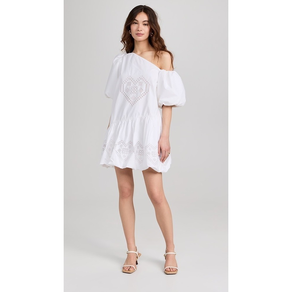 RHODE Martina Dress XL White Heart Eyelet One‎ Shoulder Puff Sleeve Cotton NWT